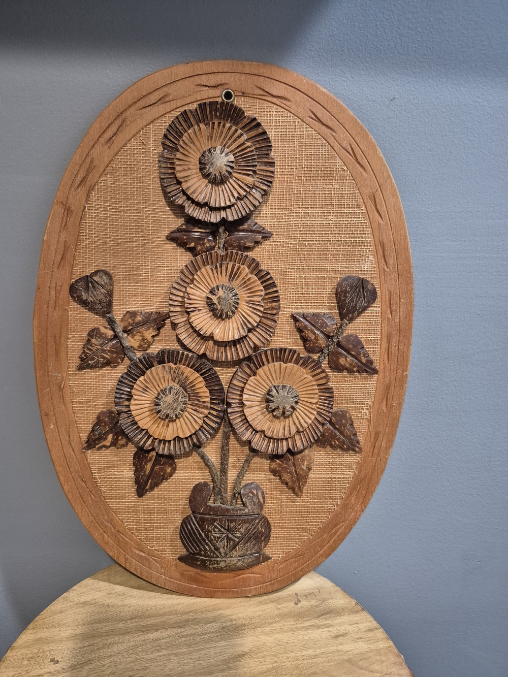 Vintage 3D Coconut Shell Wall Decor On A Handwoven Background 13.5"